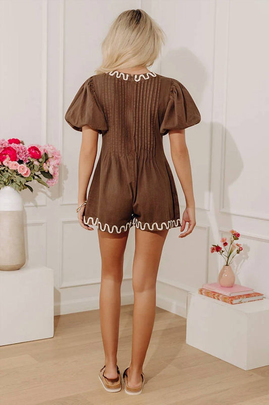 Azura Women's Blake Puff Sleeve Pintuck Romper in Mocha - view 2