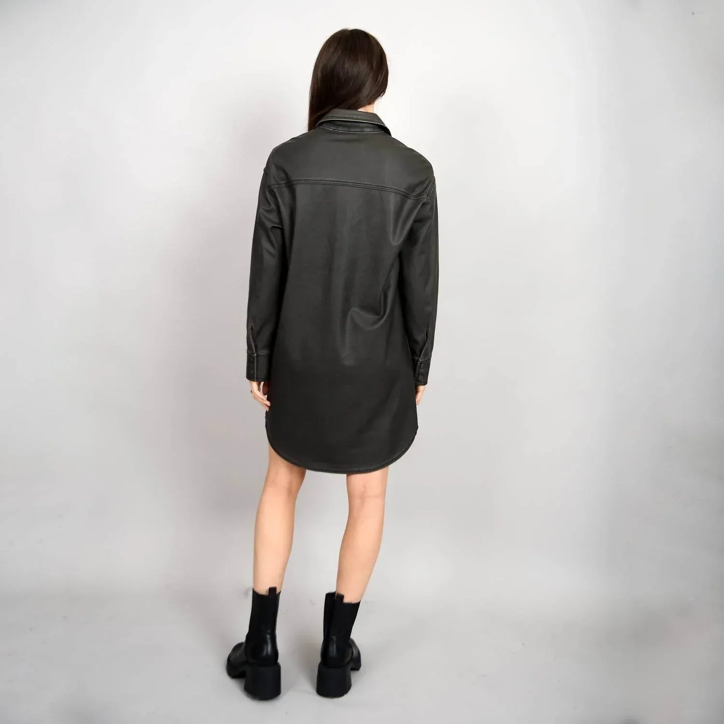 RD International - Aliska Distressed Faux Leather Snap Front Shirt Dress - Rack Hunt