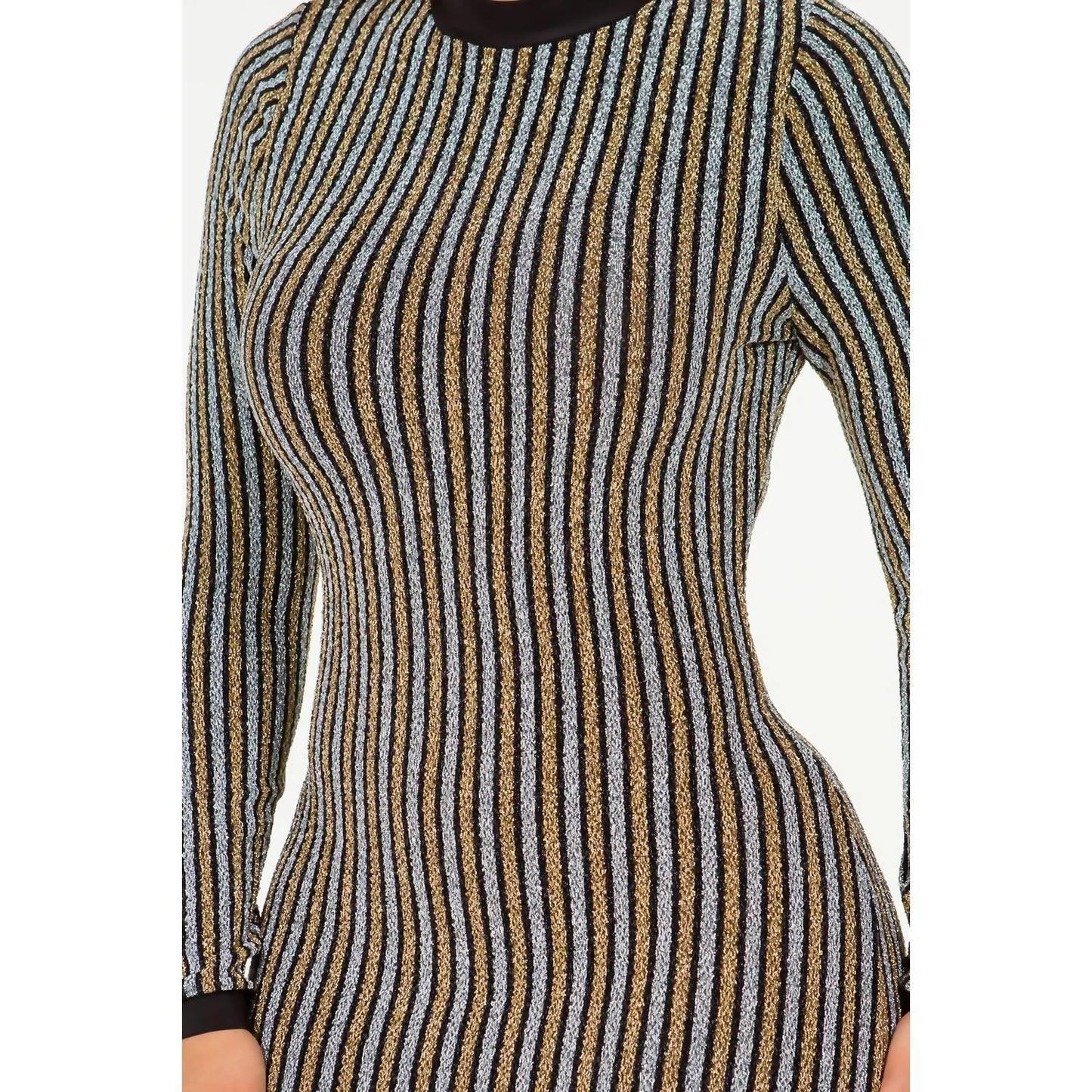 Let's go Uptown - Elegant Stripe Glitter Back Zipper Midi Bodycon Dress - Rack Hunt