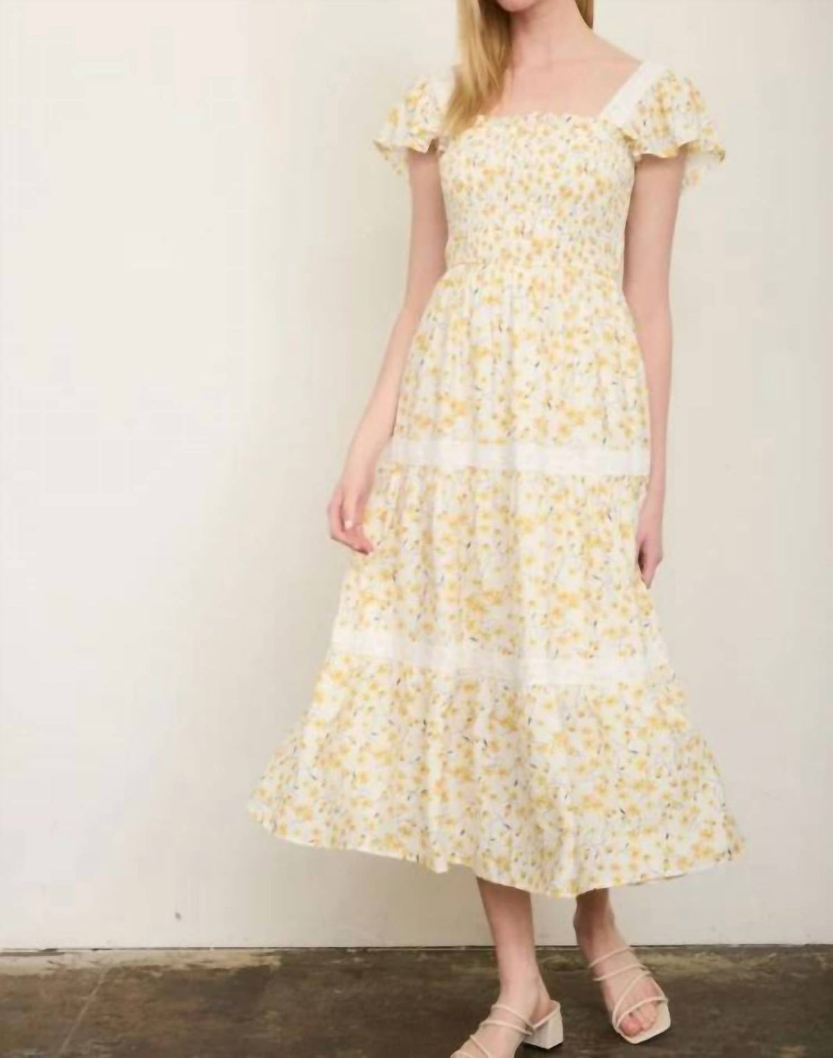 Floral Lace Trim Smocked Tiered Midi Dress