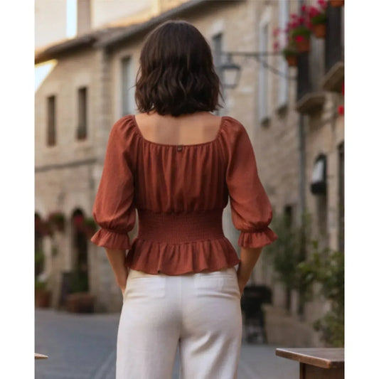 Meraki Out West - Button Accent Cinched Waist Knit Boho Blouse - Rack Hunt