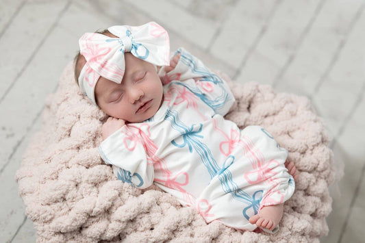 Infant Bow Rows Baby Gown and Bow Headband Set