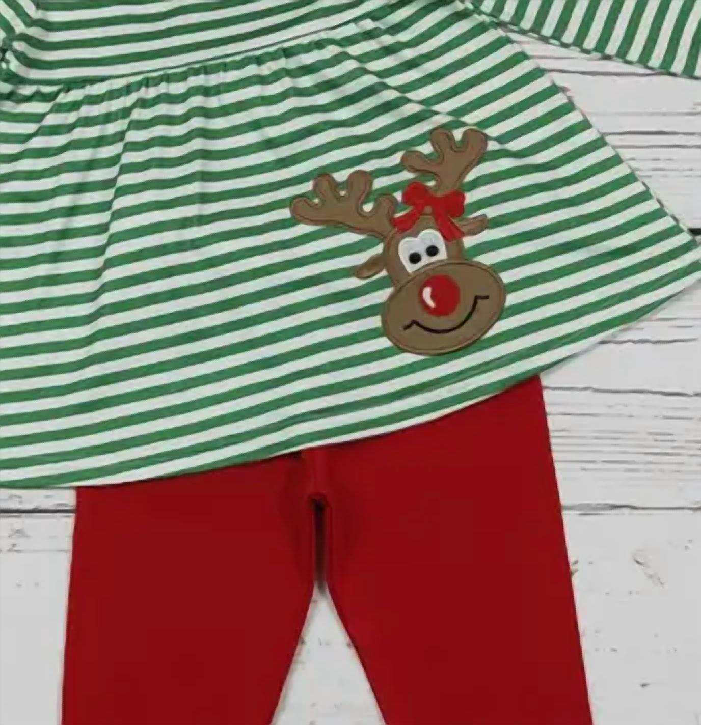 Girls Deer Embroidery Christmas Top Leggings Set