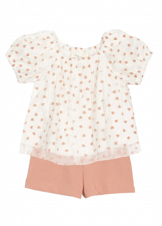 Aurora Heart Netting Top With Knit Shorts Two Piece Set