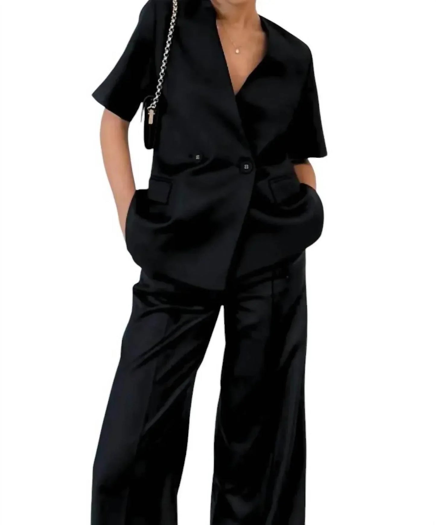 The Cotton Brand - Meredith Double-Breasted Satin Blazer and Pant Set - Rack Hunt