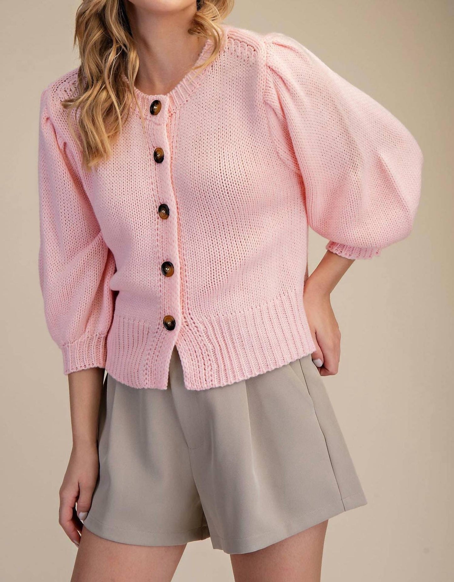 Short Puff Sleeve Button Down Sweater