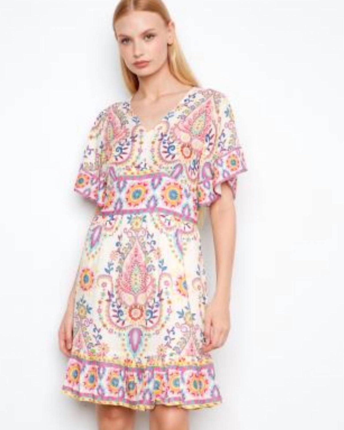 Flutter Elbow Sleeve V-neck Dress