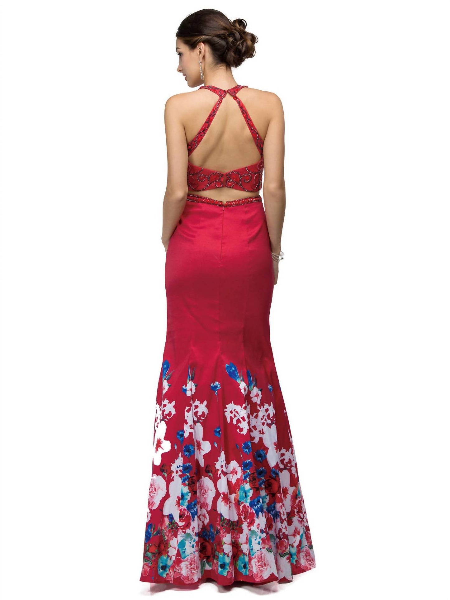 Embroidered Halter Neck Mermaid Gown With Floral Hem Detail