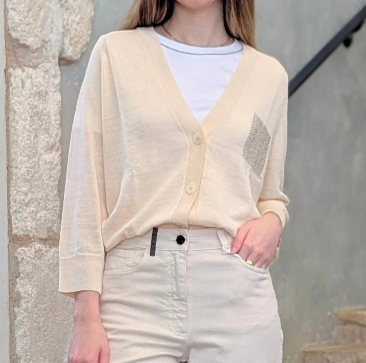 Quarter Length Sleeve Cotton Blend Cardigan With Chain-accented Pocket