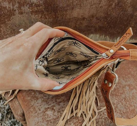 Stockdale Checkered Cowhide Fringe Purse