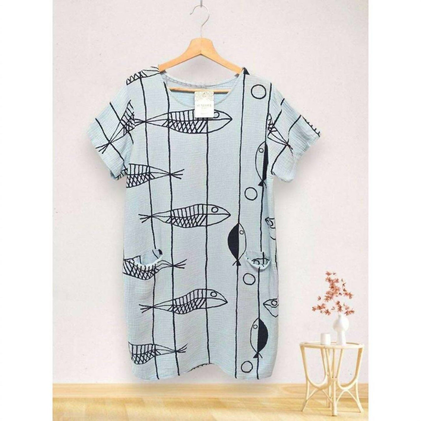 Women's Fish Print Gauze Cotton Midi Dress