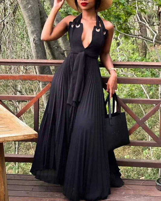 Halter pleated chiffon maxi dress