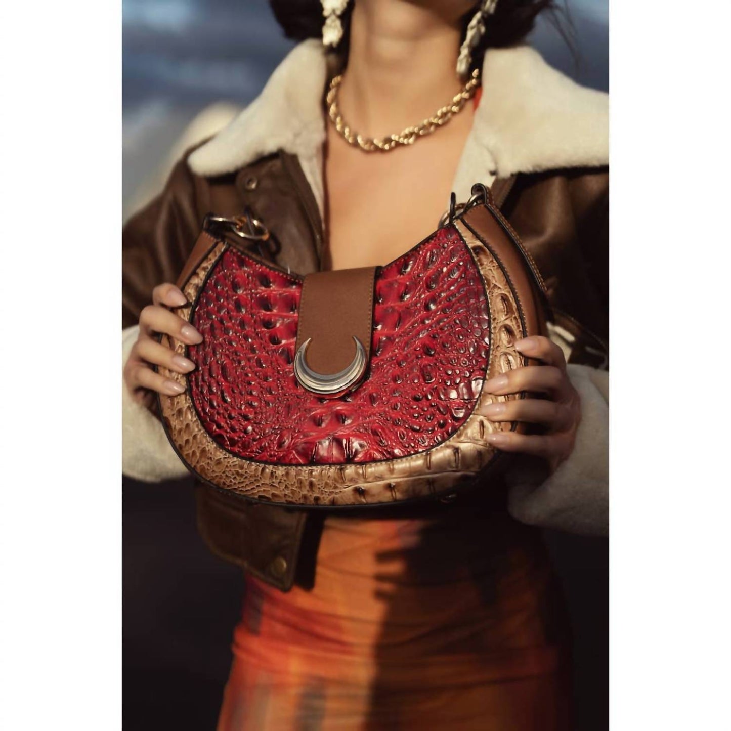 Women's Jain Half Moon Croc-embossed Shoulder Bag