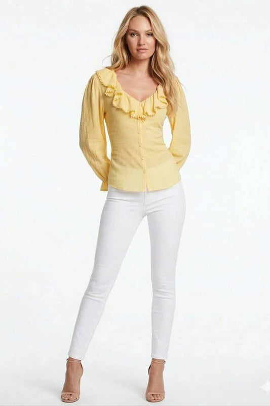 Pom-pom Trim Ruffle Blouse