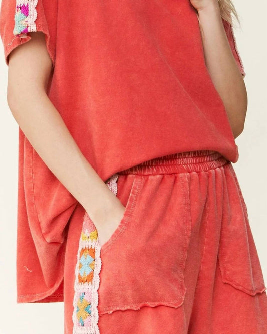 Mineral Washed Crochet Patch Side Trim Knit Shorts