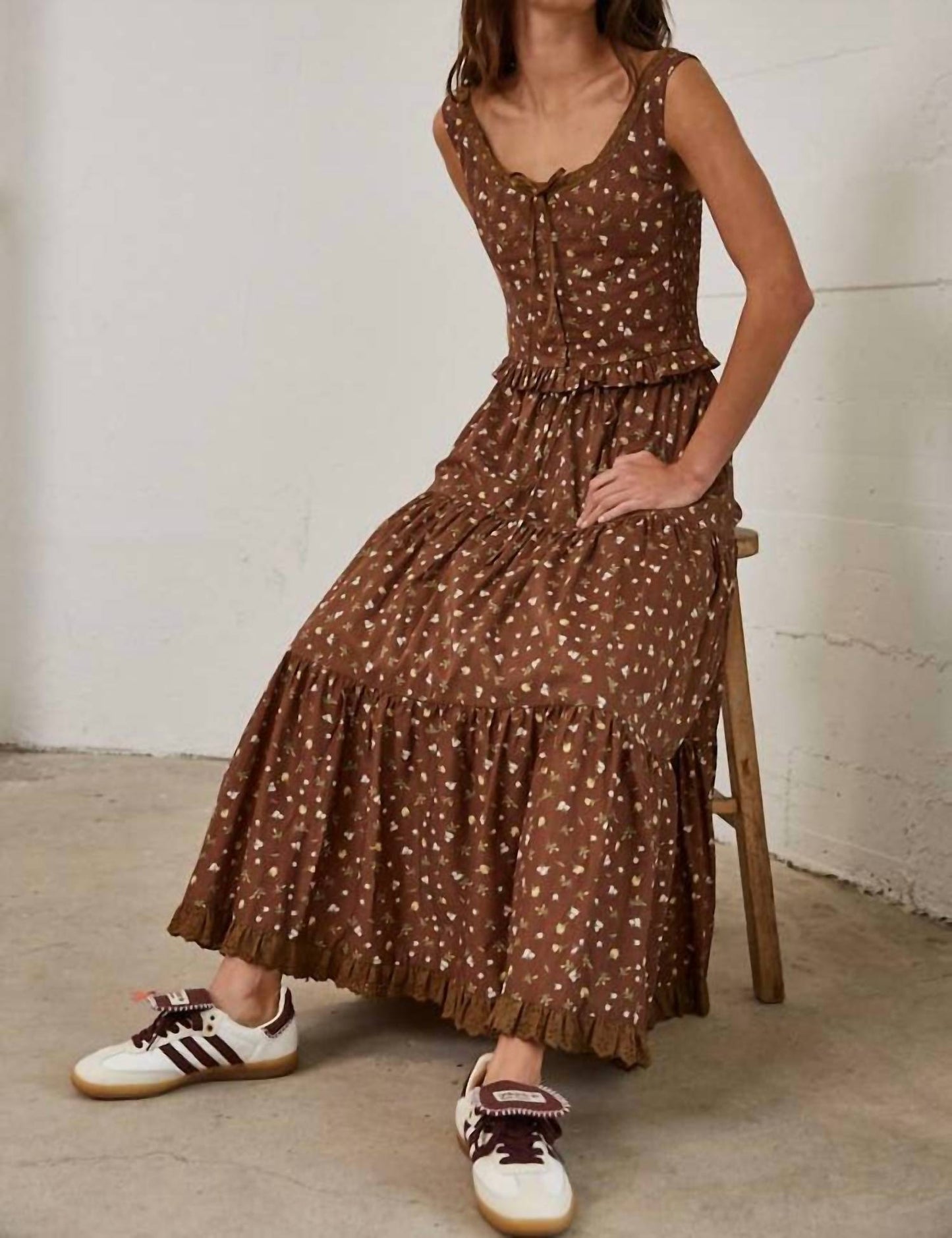 Floral Lace Trim Front Tie Top & Skirt Set