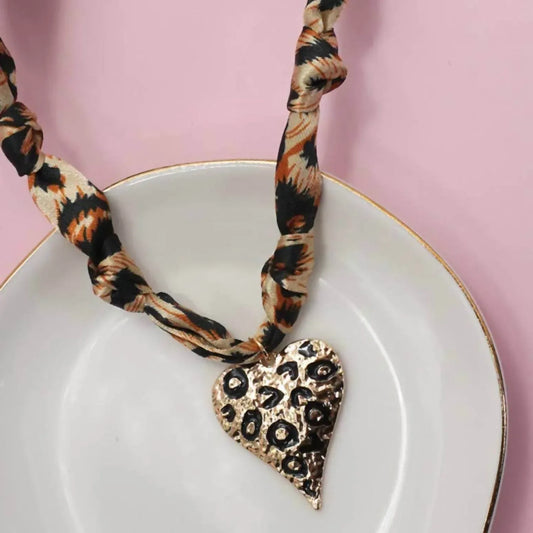 Wall to Wall - Leopard Knotted Scarf Layering Necklace with Leopard Heart Charm - Rack Hunt