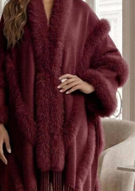 Faux Fur Trim Fringe Open Front Long Cape Coat Poncho