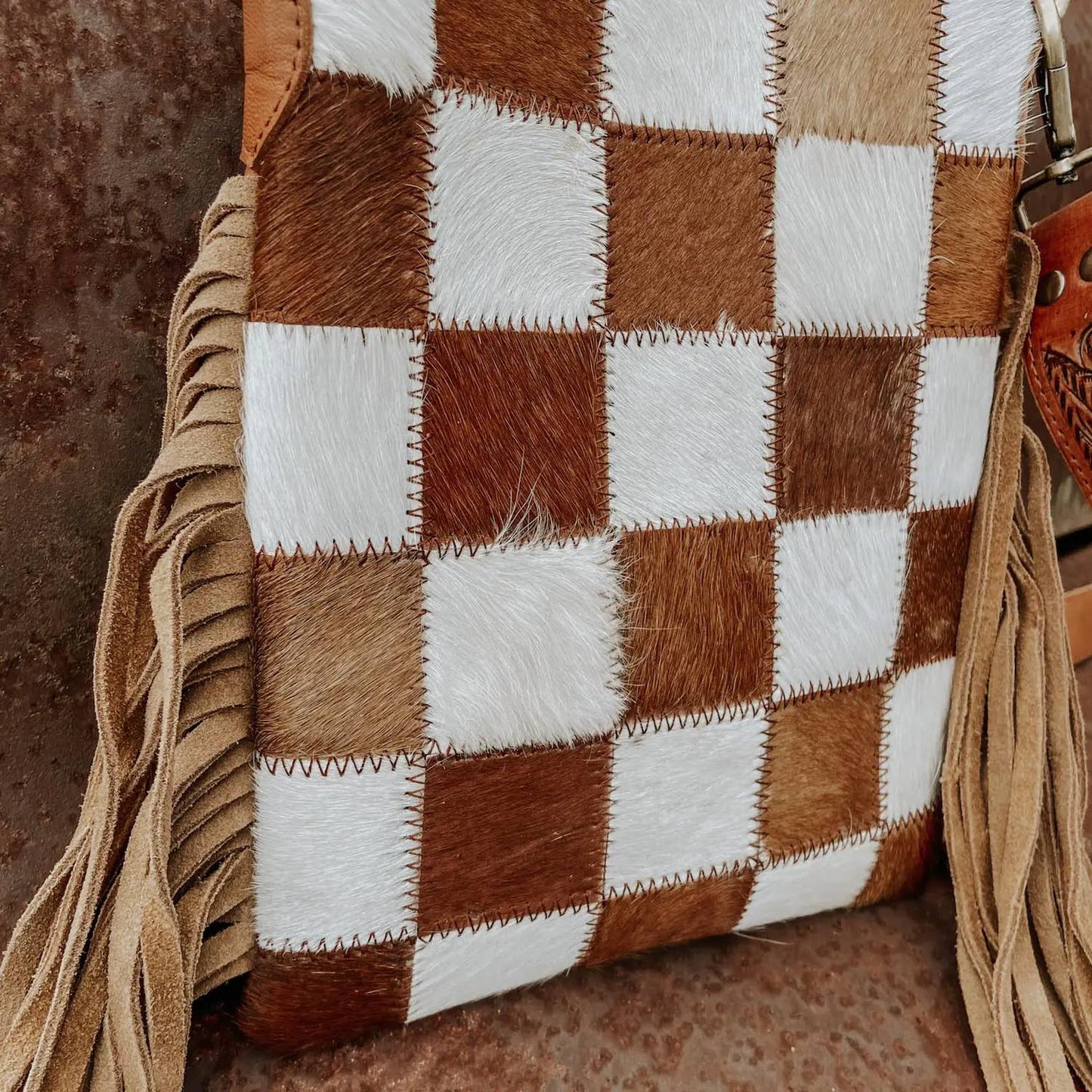 Stockdale Checkered Cowhide Fringe Purse