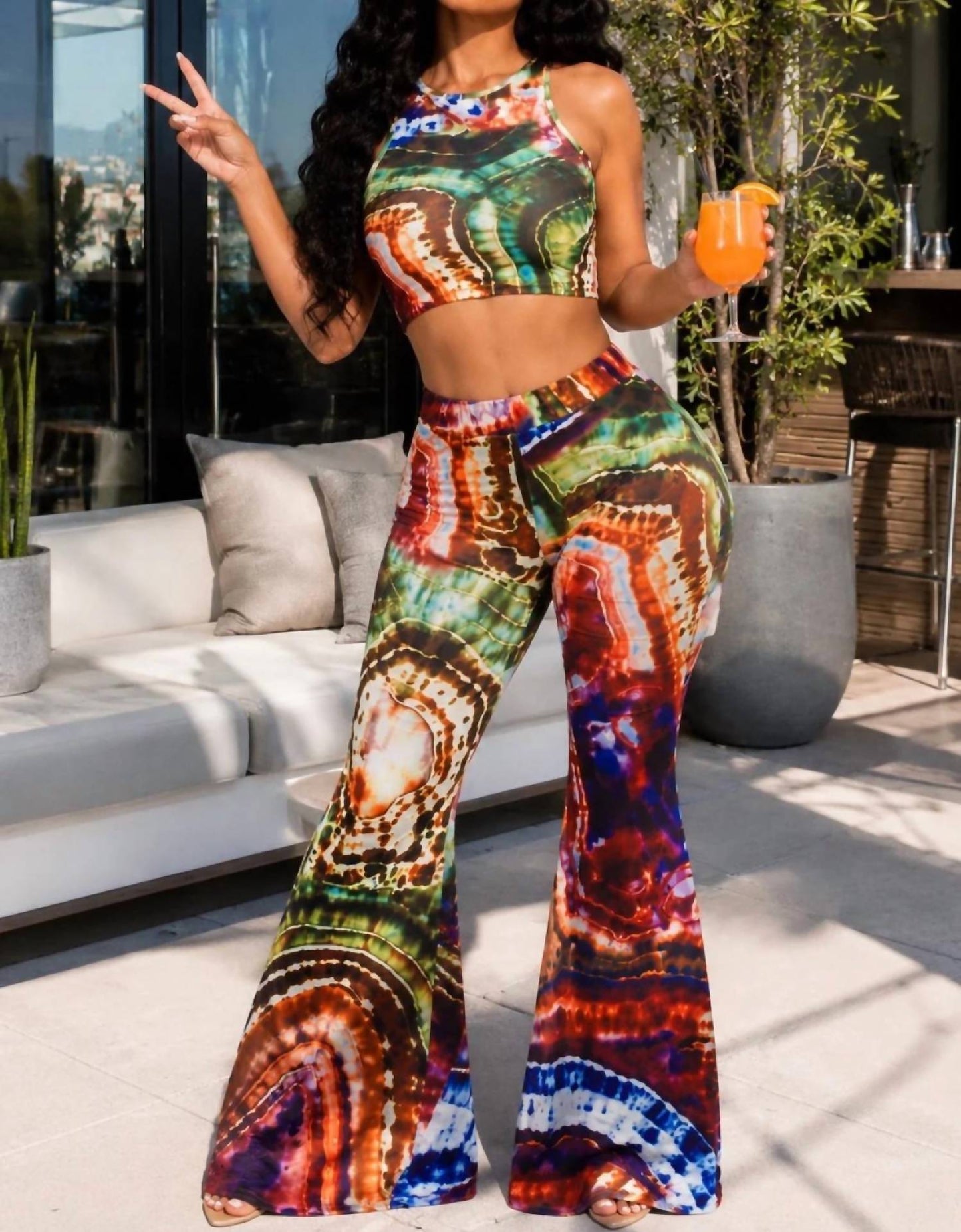 Italy Stretch Print Wide Leg Pants Set