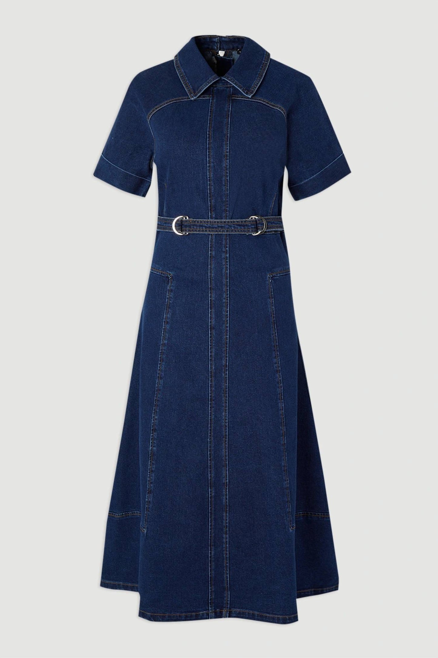 Stretch Denim Tab Belt Midi Dress - Petite