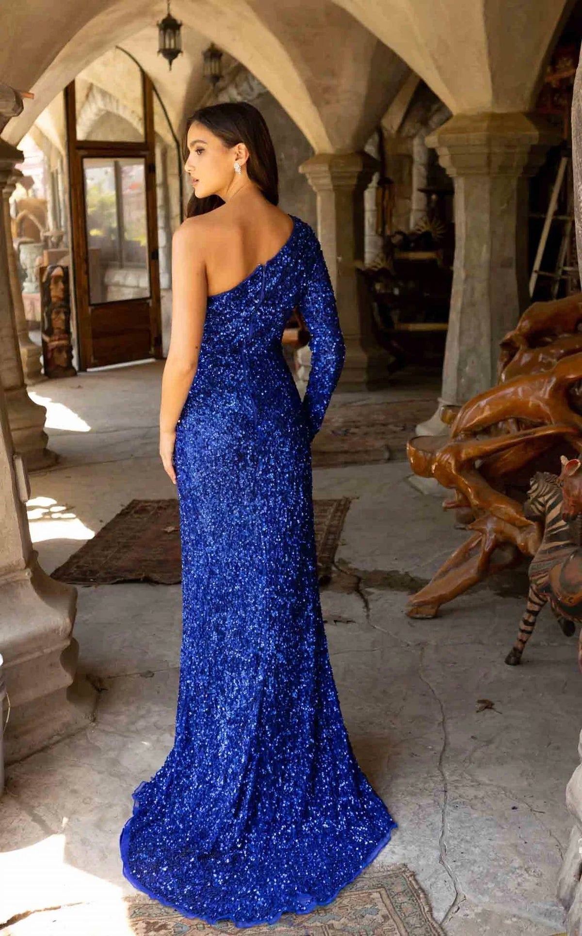 Olympia One-shoulder Long-sleeve Sequined Gown With A High Leg Slit