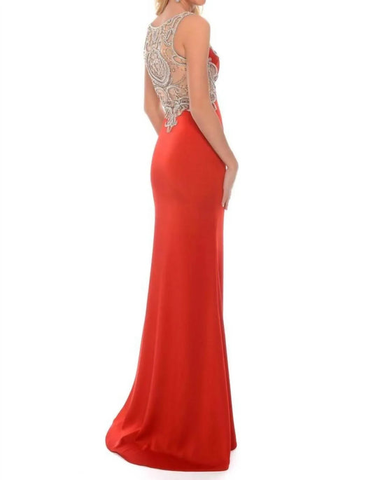 Precious Formals - Stretch Satin Gown With High Slit - Rack Hunt