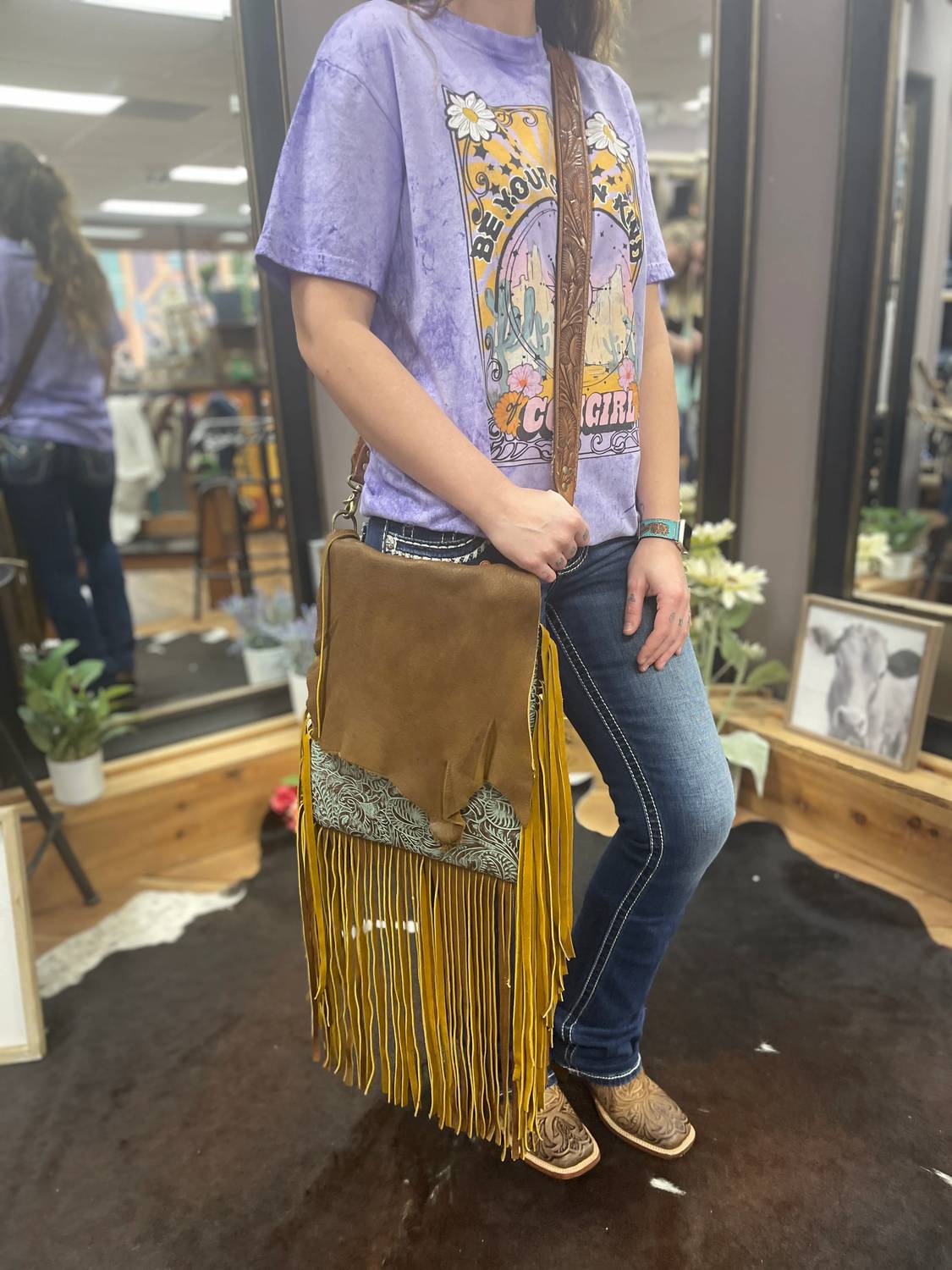 Women's All Leather Tooled Fringe Purse Bag