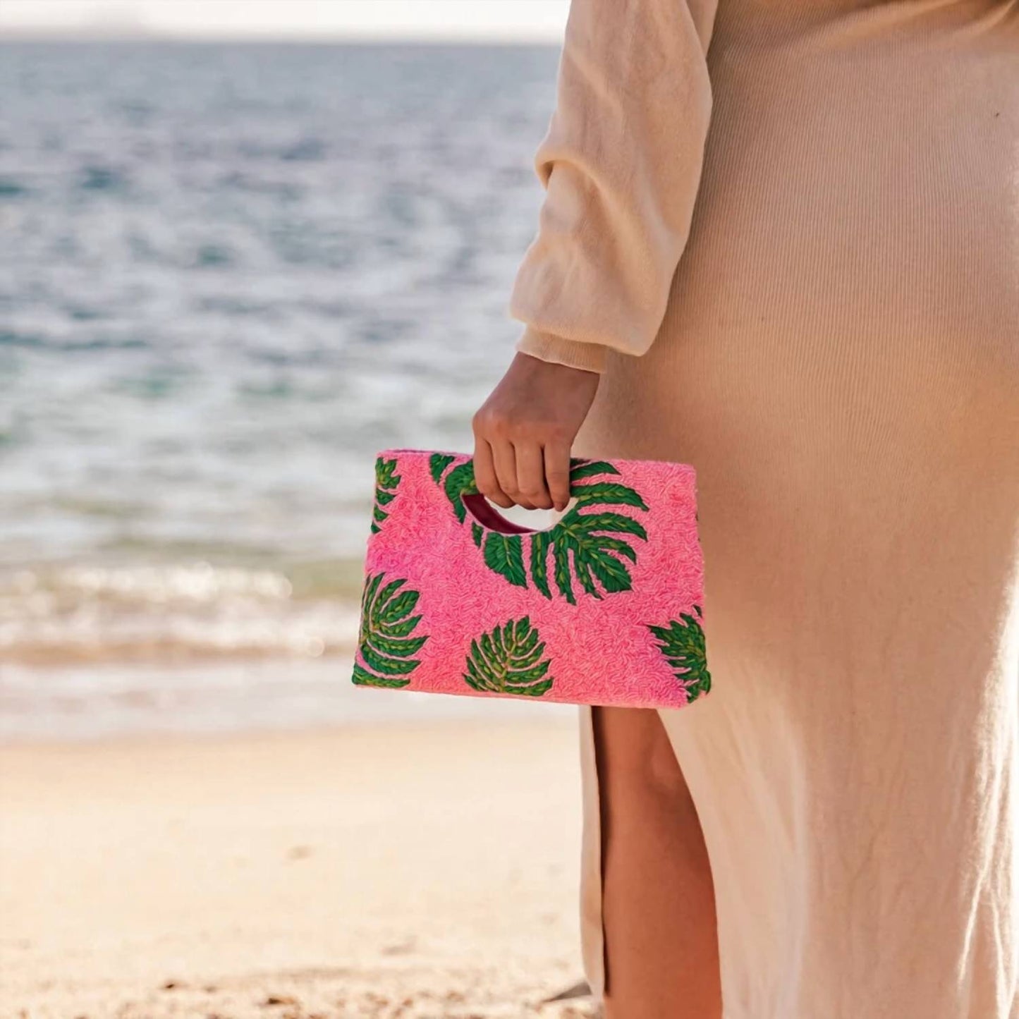 Women's Palm Leaf Beaded Clutch Handbag