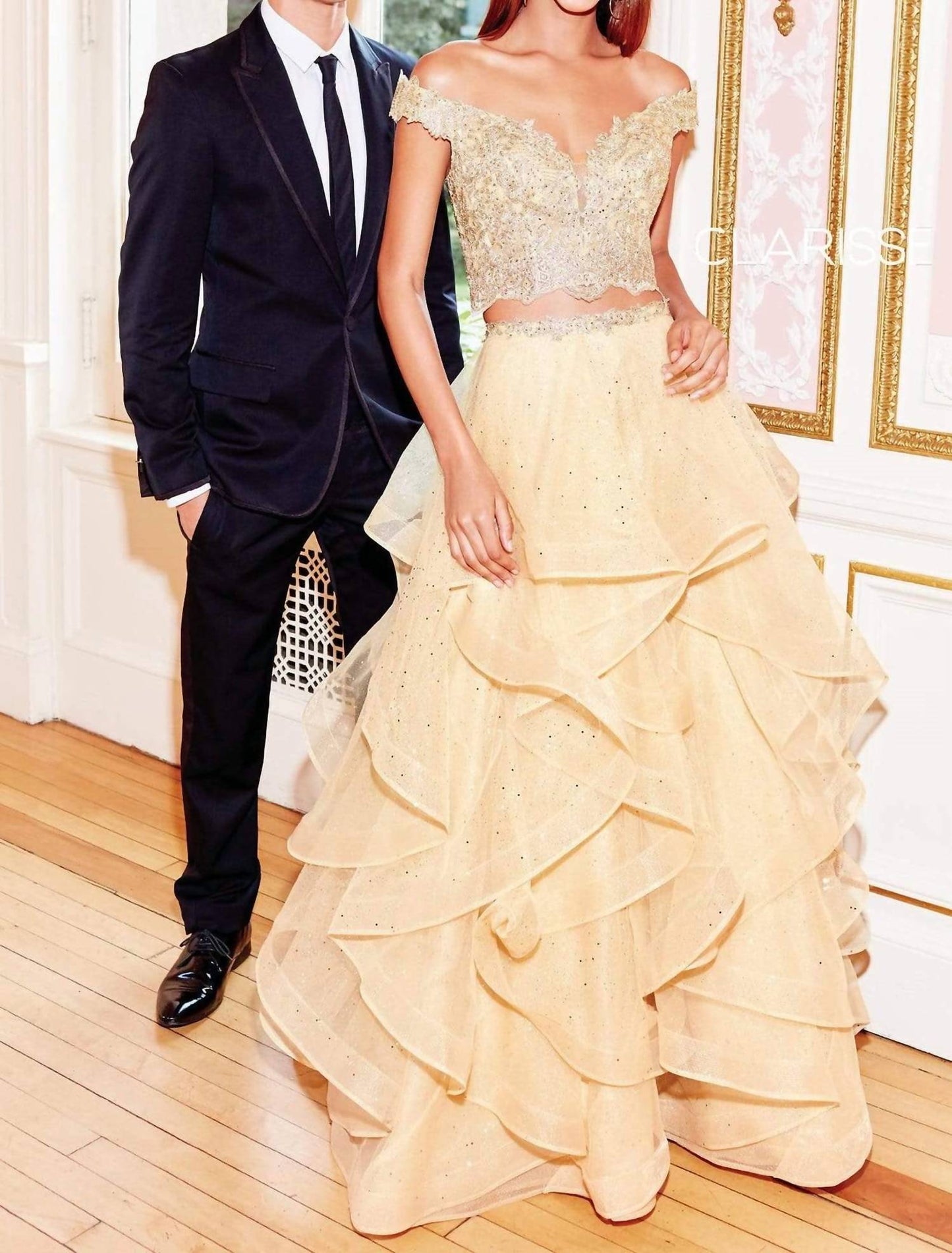 Two Piece Plunging Off-shoulder Ruffled A-line Prom Dress