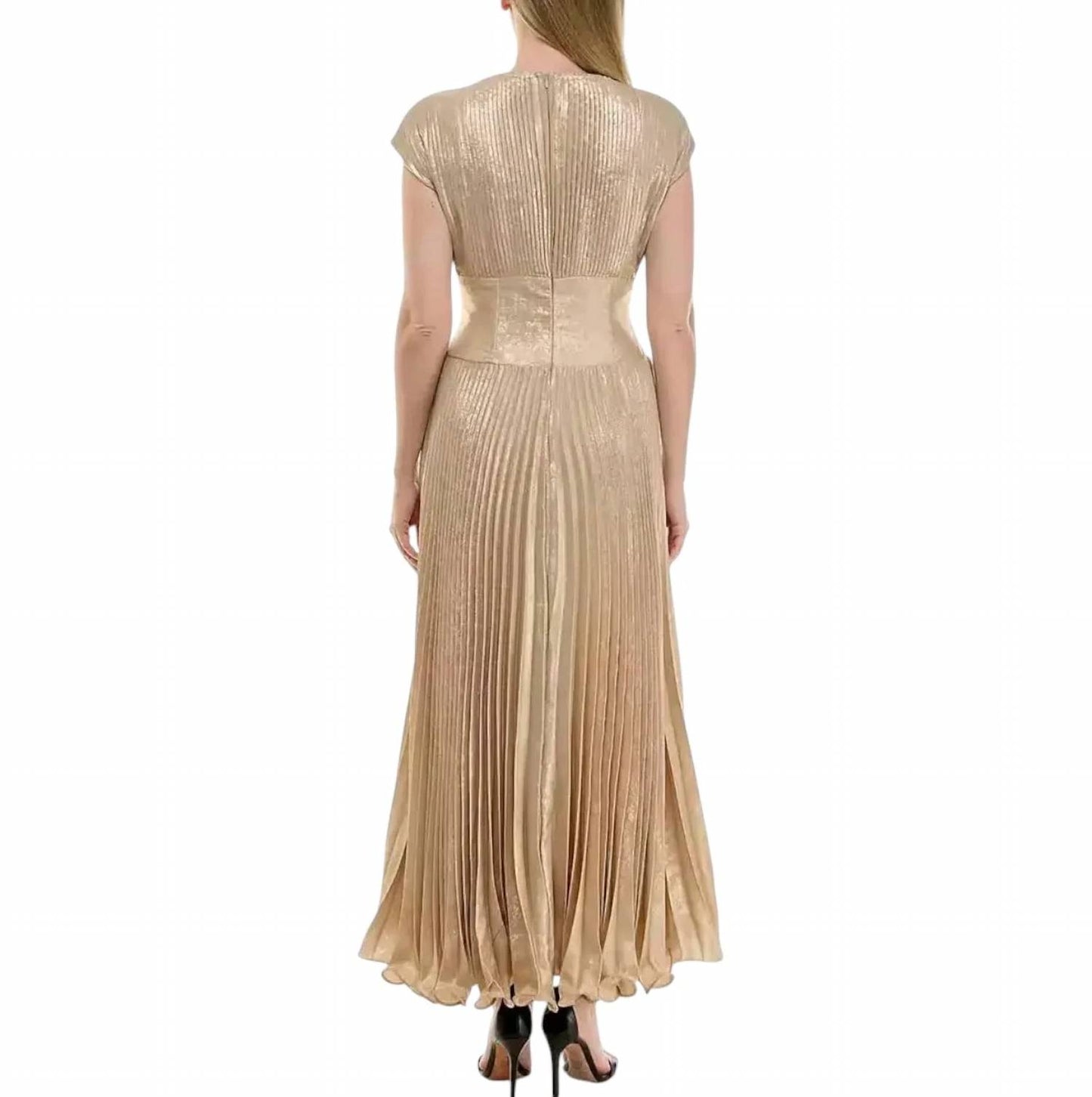Metallic Pleated V-neck Cap Sleeve Gown