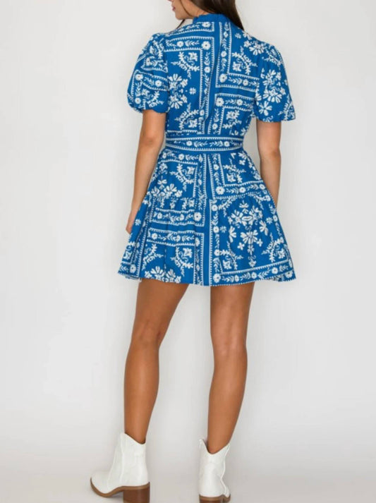 Bandana Print Cotton Puff Sleeve Mini Dress