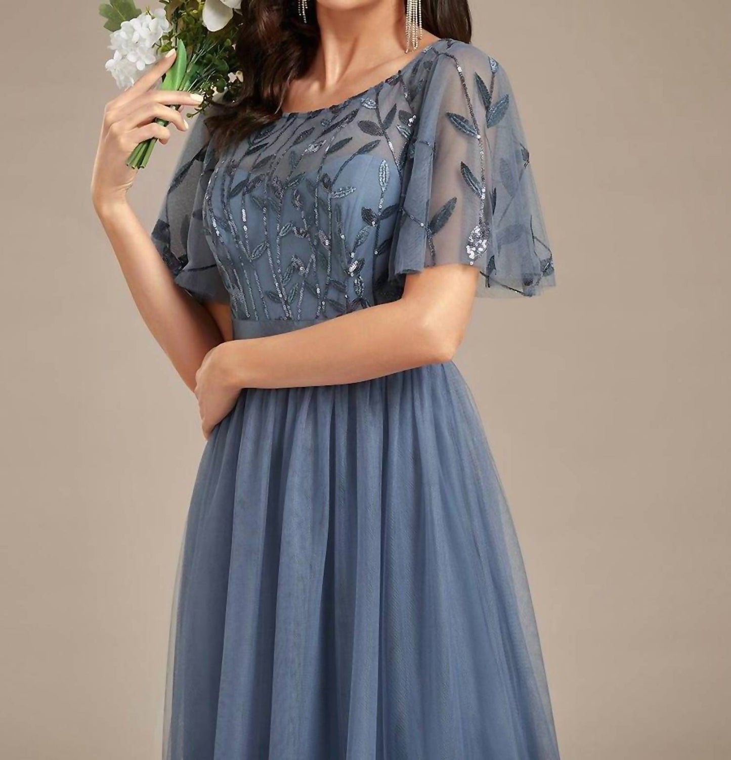 Sequin Bodice Empire Waist Maxi Prom Dress With Sleeves