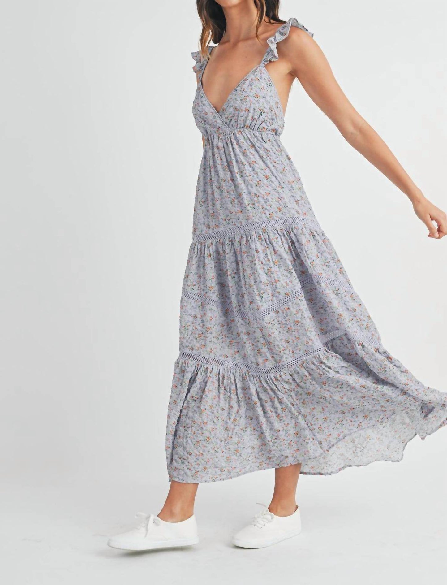 Camellia - Floral Print Lace Trimmed Tiered Maxi Dress - Rack Hunt -