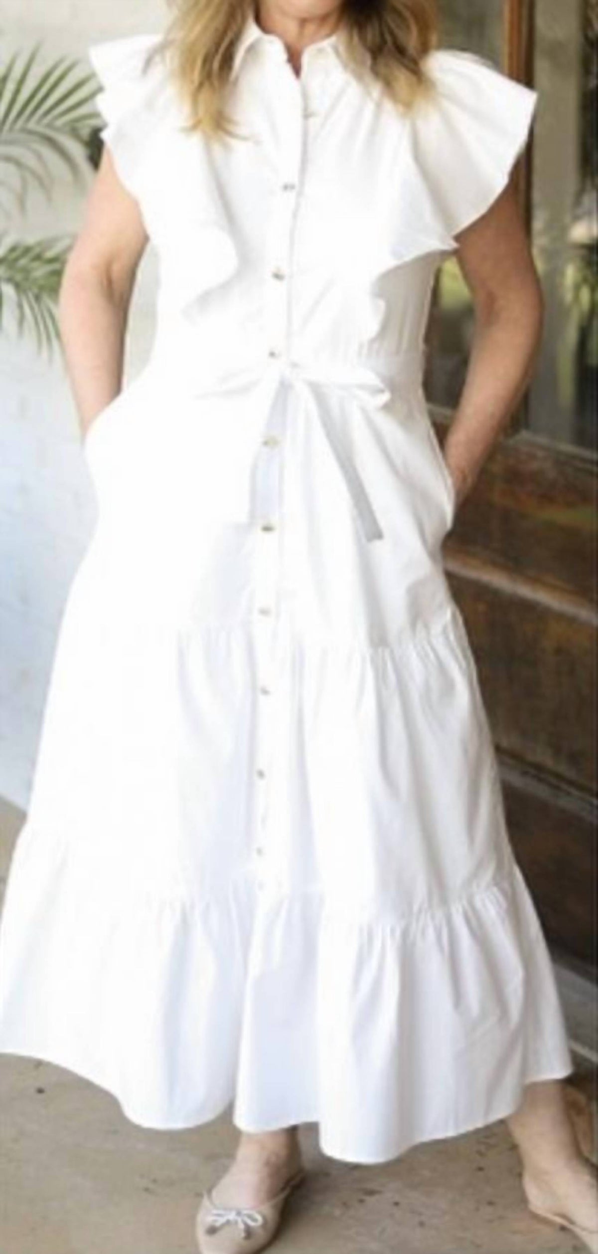 Shoulder Ruffle Button-down Midi Dress