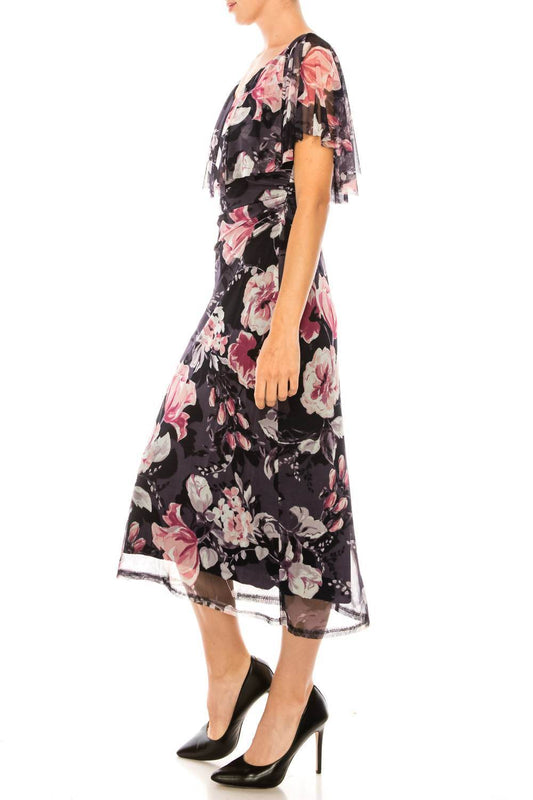 Connected Apparel - Floral Print Cape Midi Dress - Rack Hunt