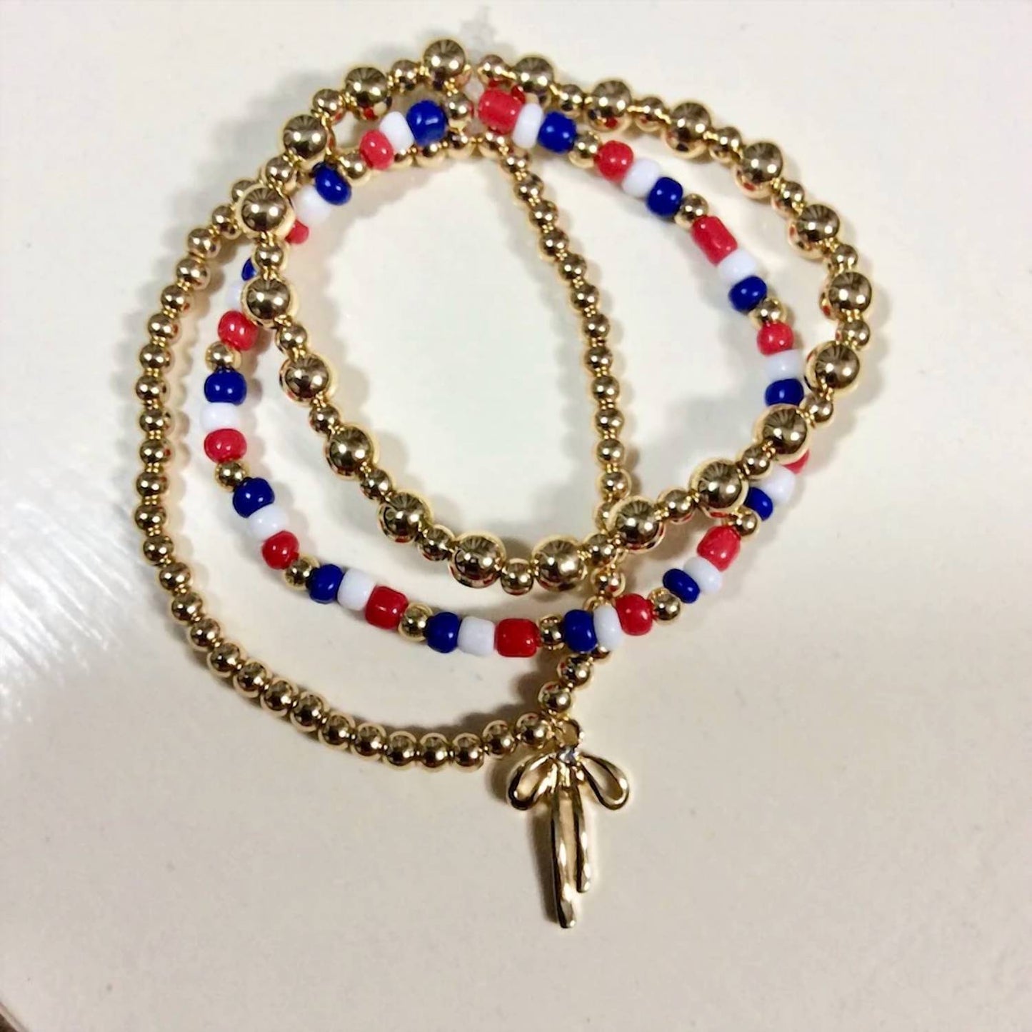 Women's Bow Charm 3-piece Patriotic Stretch Bracelet Set