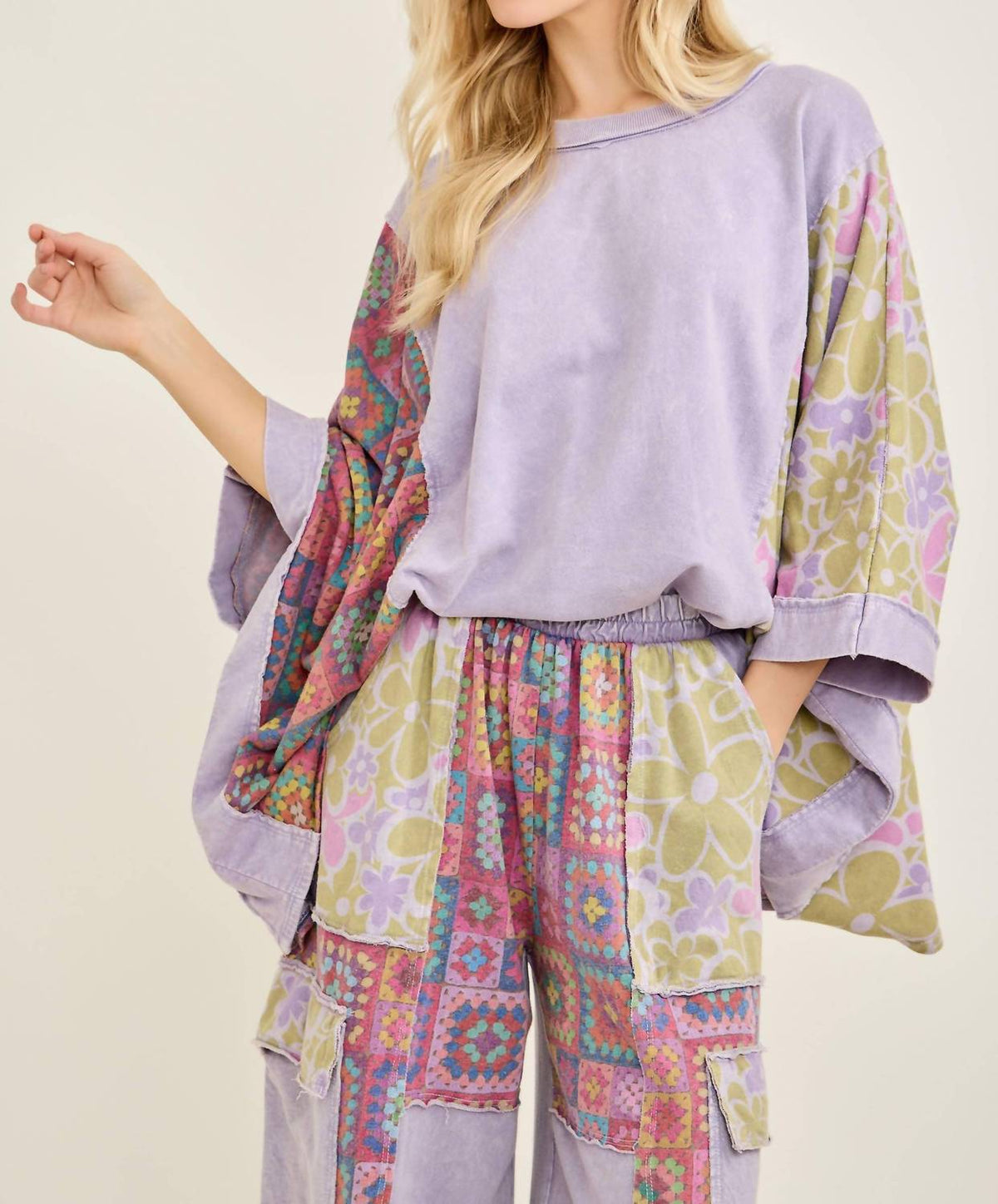 Mineral Washed Floral Printed Poncho Style Top And Pant Set