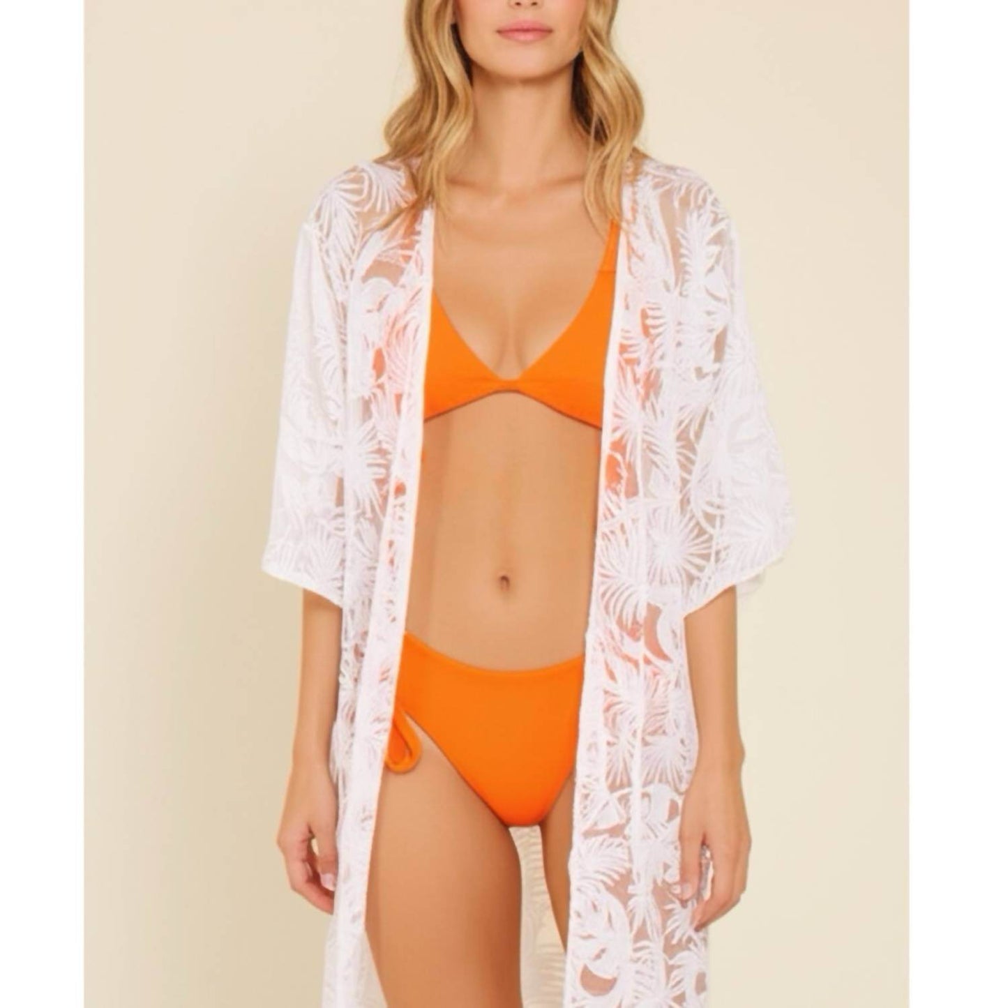 Amber Skies - White Lace Kimono Tropical Leaf Design Resort Wear - Rack Hunt -