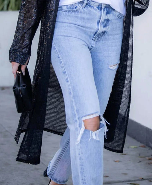 Amaryllis Women's Sequin Side Slit Open Front Duster in Black - view 2