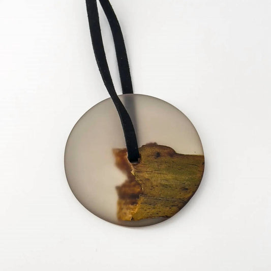 Women's Botanical Resin Medium Disk Pendant Necklace With Upcycled Wood