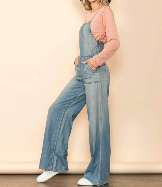 Vintage Washed Wide Leg Overall Jumpsuit with Pockets