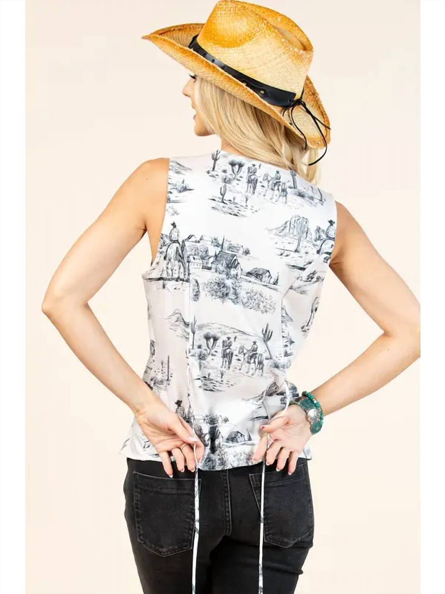 Caroline Western Life Print Button Down Woven Vest