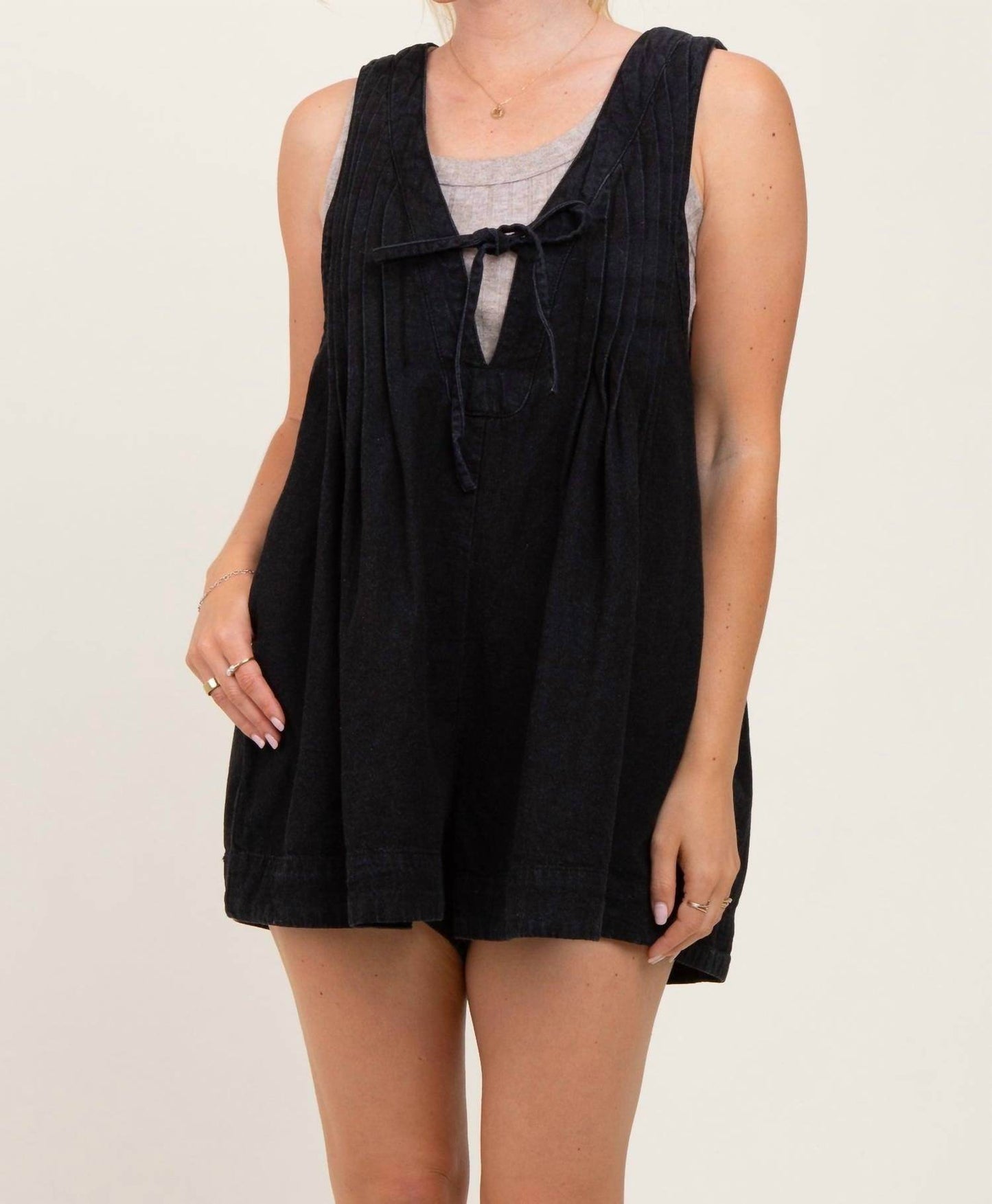 PinkBlush - Front Tie Sleeveless Denim Romper - Rack Hunt -
