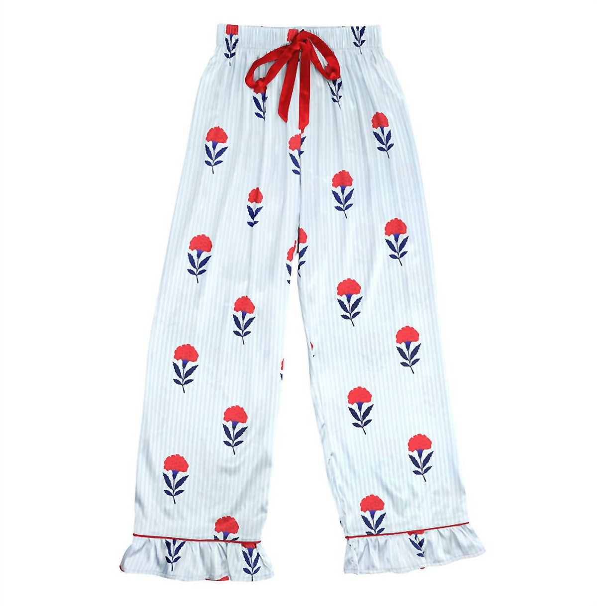 Women's Full Length Ruffled Pj Set With Velvet Tie