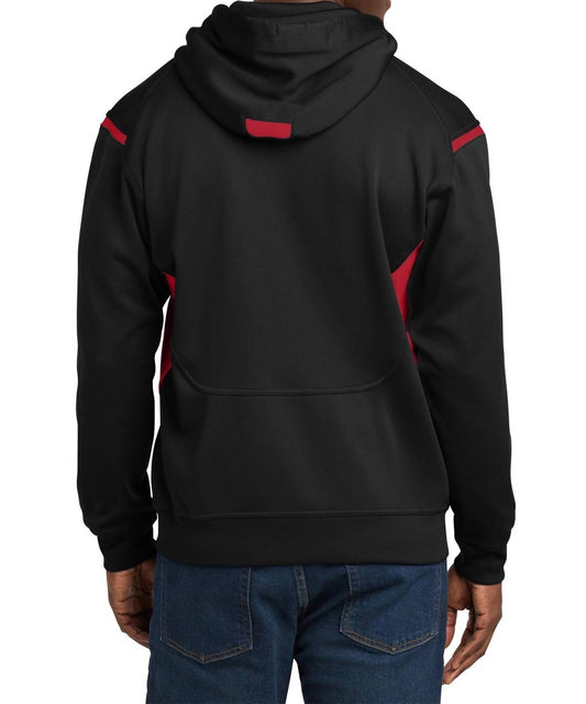 Sport-Tek Men's Tech Fleece Colorblock Hooded Sweatshirt in Black/red - view 2