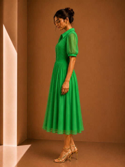 Sheer Pleated Midi Dress