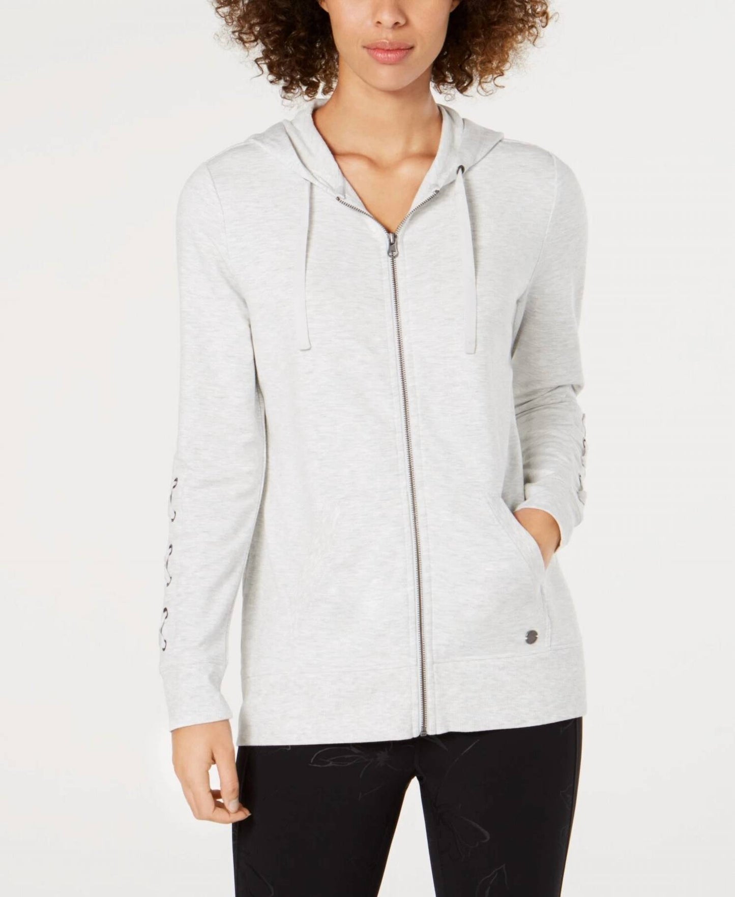 Ideology Womens Activewear Lace Up Sleeve Zip Hoodie