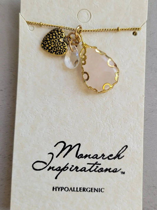 Women's Rose Quartz Heart And Bead Charm Necklace