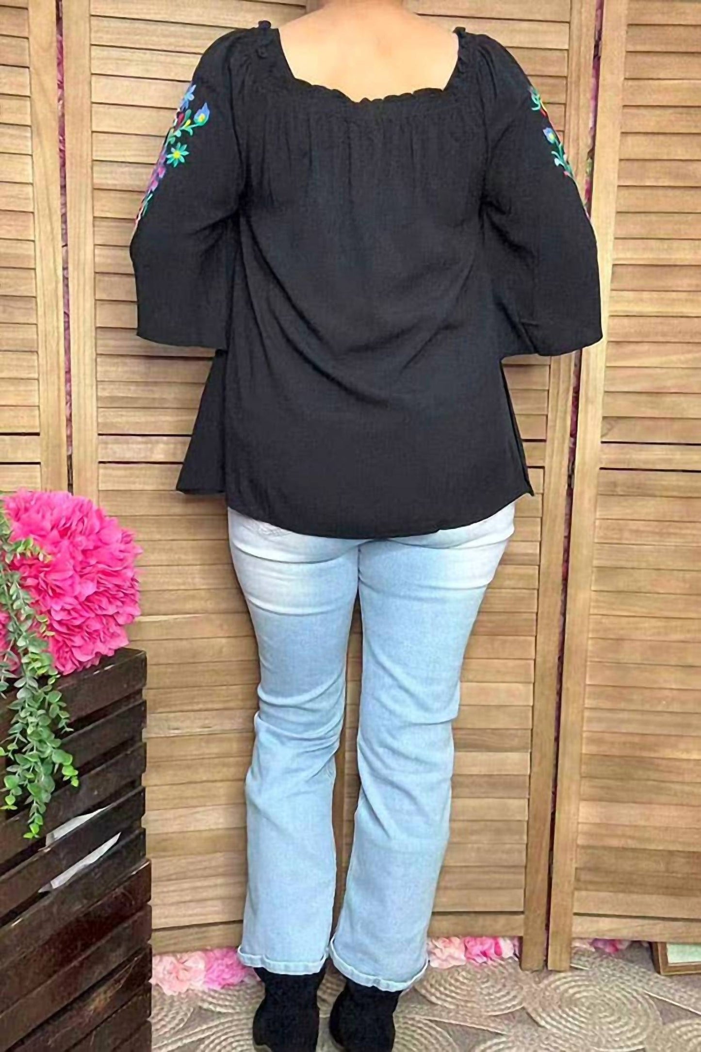 Floral & Bird Embroidered Off-shoulder Boho Top